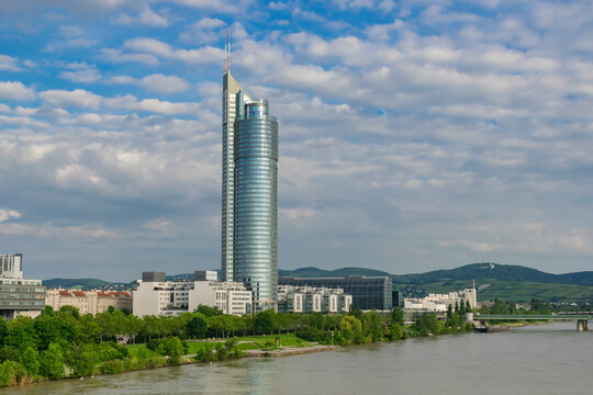 01 June 2019 Vienna, Austria - Millennium Tower on Danube river, modern business centre in Vienna.