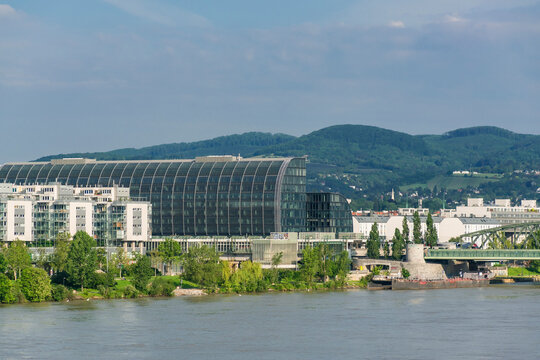 01 June 2019 Vienna, Austria - Handelskai railway and underground station. View from Danube river