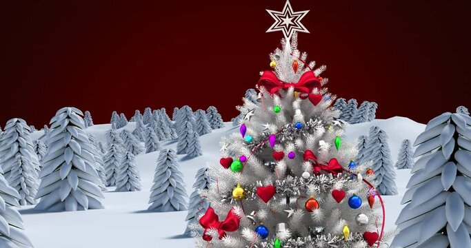 Animation of fir tree with decoration in winter landscape on red background