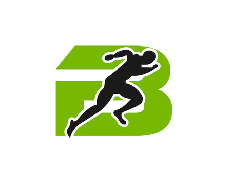 Sport Running Man Front View On Letter B Logo. Running man Silhouette Logo Template For Marathon, template, Running Club Or Sports Club Logo