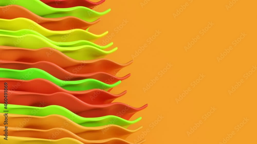 Poster bright multicolored shiny smooth wavy shapes on yellow background. 3d render seamless looping creati