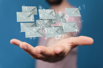  touching 3D rendering flying email icon with his fin