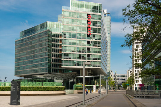 01 June 2019 Vienna, Austria - Donaucity, Building of headquarters STRABAG AG, real estate company in Tech Gate of Donaustadt.