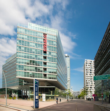 01 June 2019 Vienna, Austria - Donaucity, Building of headquarters STRABAG AG, real estate company in Tech Gate of Donaustadt.