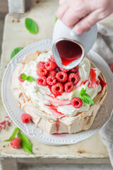 Homemade Pavlova cake made of mascarpone cream.