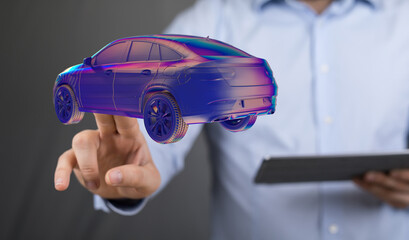 Hologram auto, futuristic polygonal model auto.
