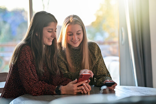 twin sisters are browsing on their mobile at home or are chatting with their friends  on a social network  with a mobile application