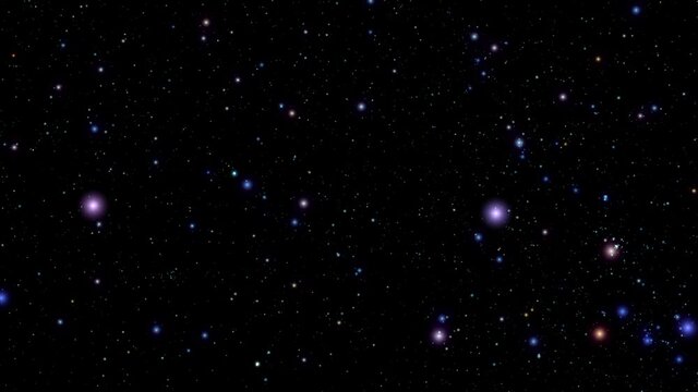 In the black sky, countless small multi-colored stars and several large ones flicker.