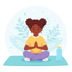 Black girl meditating in lotus pose. Gymnastic, meditation for children. Vector illustration
