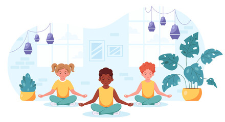 Children of different nationalities meditating in lotus pose. Gymnastic, yoga and meditation for children. Vector illustration