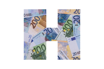 H. A letter of the Latin alphabet, the entire area of which is occupied by chaotically spread out euro bills of various denominations on a white background