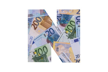 N. A letter of the Latin alphabet, the entire area of which is occupied by chaotically spread out euro bills of various denominations on a white background