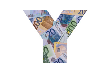 Y. A letter of the Latin alphabet, the entire area of which is occupied by chaotically spread out euro bills of various denominations on a white background