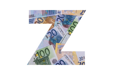 Z. A letter of the Latin alphabet, the entire area of which is occupied by chaotically spread out euro bills of various denominations on a white background
