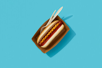 Classic hot dog with wurst, ketchup and mustard on blue background. Restaurant menu delivery tacke...