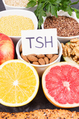 Natural ingredients, fruits and vegetables containing vitamins for healthy thyroid