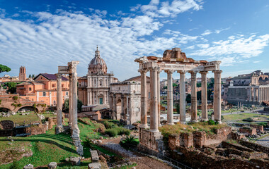 Fototapeta na wymiar View of the Roman Forum and the Chiesa dei Santi Luca e Martina, seen from Capitoline Hill. Rome, italy.