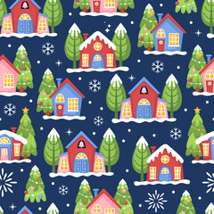 Seamless pattern for Christmas holiday with cute houses. New Year background for greeting card, wallpaper and wrapping paper design