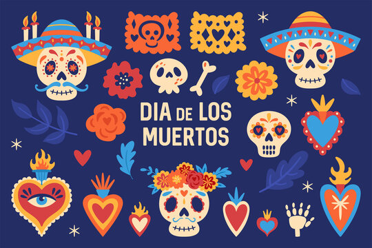 Cute set of mexican elements for Day of the dead Dia de los Muertos holiday. Childish print for cards, stickers, patches and apparel.