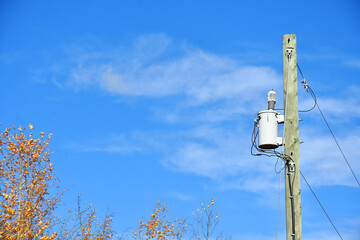 An image of a rural power transformer against a bright blue sky. 