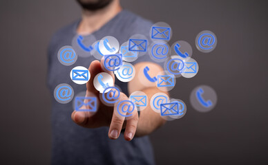  touching 3D rendering flying email icon with his fin