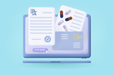3d prescription rx. Doctor's recipe by email. Appointment of treatment online. Ordering, medicines form online. Electronic pharmacy document for treatment. Prescription page, computer screen. Vector