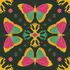 Fototapeta na wymiar Pattern of bright tropical butterflies in a square