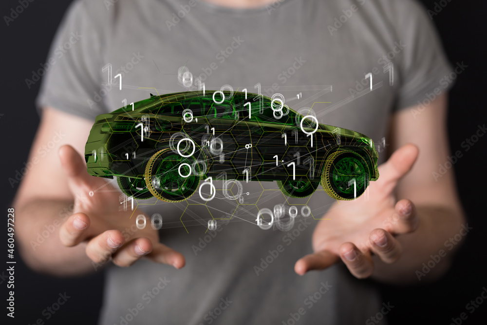 Poster electric car icon from lines, triangles and particle style