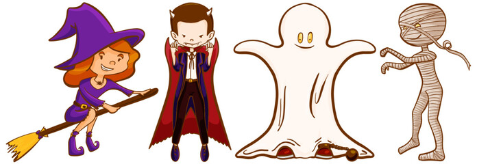 Set of characters in halloween costume : witch, vampire, ghost and mumy