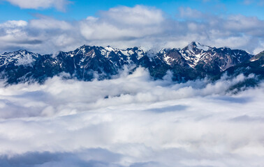 Obraz premium blue skies and clouds partially covering the Olympic mountain range as viewed from Hurricane Ridge trail in Olympic National park in Washington.