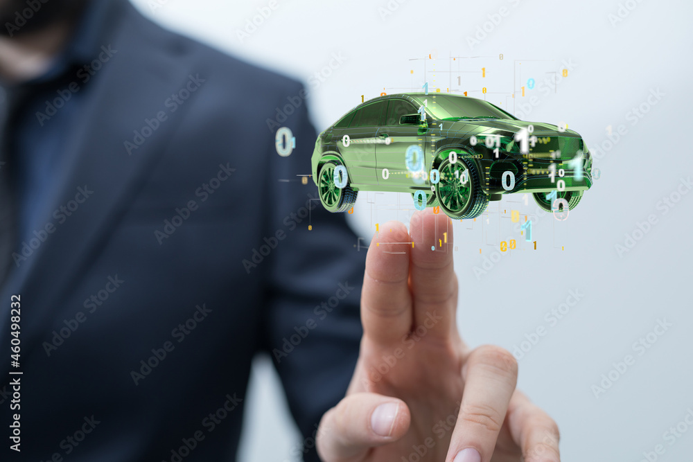 Poster electric car icon from lines, triangles and particle style