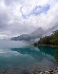 View of the Briksdalsbreen (Briksdal glacier) from the shores of the Oldevatnet Lake, Stryn, Vestland, Norway.