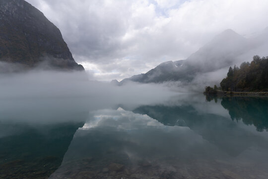 View of the Briksdalsbreen (Briksdal glacier) from the shores of the Oldevatnet Lake, Stryn, Vestland, Norway.