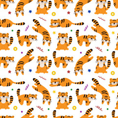 Seamless pattern with cartoon tigers. Cute tiger vector. A beautiful pattern is perfect for the design of children's textiles, exercise books, gift wrapping.