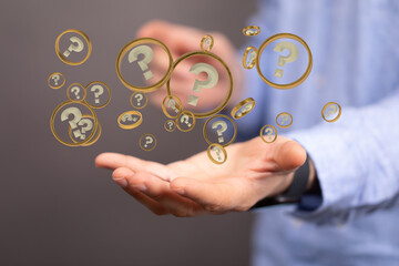 Businessman solving problem with digital question marks 3D rendering