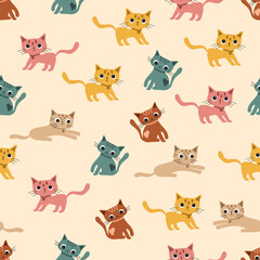 Cartoon flat colorfull funny cute seamless pattern with a cats .For printing baby textile, fabrics, design, decor, gift wrapping, paper, baby shower, greeting card,notepad, scrapbooking.