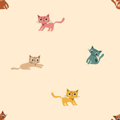 Fototapeta premium Cartoon flat colorfull funny cute seamless pattern with a cats .For printing baby textile, fabrics, design, decor, gift wrapping, paper, baby shower, greeting card,notepad, scrapbooking.
