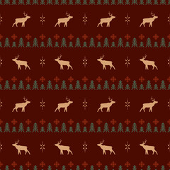Vector classic christmas seamless pattern with stylized reindeers, spruces and snowflakes. Red and green ornate geometric background in scandinavian style for fabric, wrapping paper and packaging
