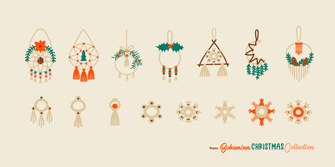 Christmas dreamcatches and cute Christmas macrame decorations in boho chic style. Bohemian symbols for winter holidays.  Vector illustration.