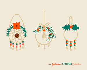 Christmas dreamcatches in boho chic style. Bohemian symbol for winter holidays. Cute Christmas decorations. Vector illustration.