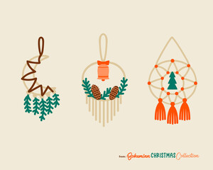 Christmas dreamcatches in boho chic style. Bohemian symbol for winter holidays. Cute Christmas decorations. Vector illustration.