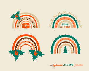 Christmas rainbows in boho chic style. Cute rainbows for posters, cards, banners, wall decor and stickers.  Vector illustration.