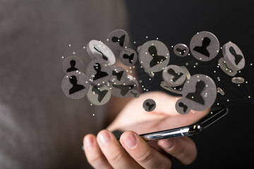 holding 3D rendering group of blue people