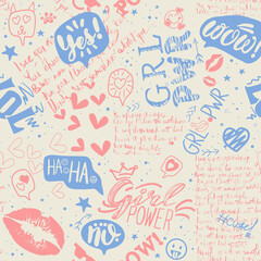 Hand-drawn seamless pattern of fashionable girls. Abstract background with graffiti elements, icons, handwritten doodles, doodle elements. Girlish print for textiles, packaging.