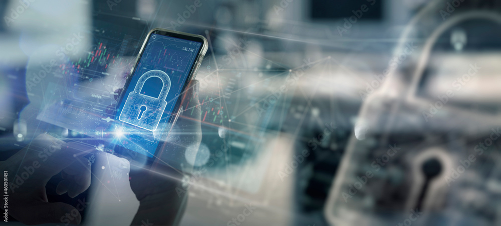 Aufkleber Cyber security and data protection for Digital payments and banking.Businessman using smartphone and laptop computer protecting business and financial data with virtual network connection. Innovation.