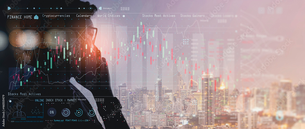 Aufkleber businesswoman using smartphone on finance network connection on investor and technology and digitalm