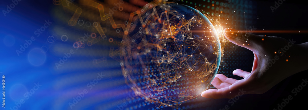 Fototapete Businessman hand holding night grow earth and global online networking connection with data exchanges, global communication network security concept, Elements of this image furnished by NASA.