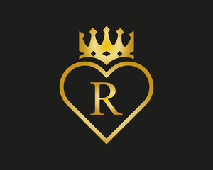 R letter Logo with love And Crown Shape golden color  vector template