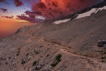 normal route that leads to the summit of the great stone of italy abruzzo sunset