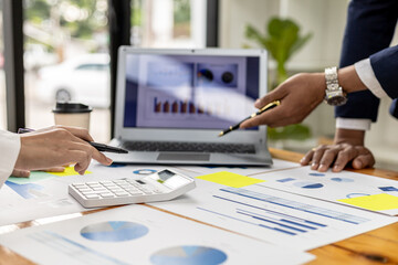 Atmosphere in the meeting room of startup companies, executives and sales departments gather together to summarize sales for analysis and planning. Sales management concept of startup company.